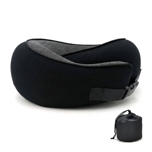 Black memory foam travel neck pillow with clip buckle and storage bag