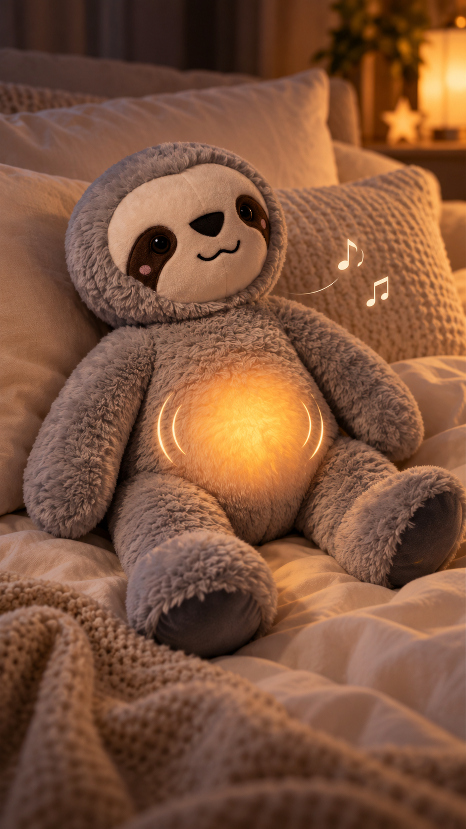 Breathing plush toy with rhythmic motion, warm light and relaxing sounds