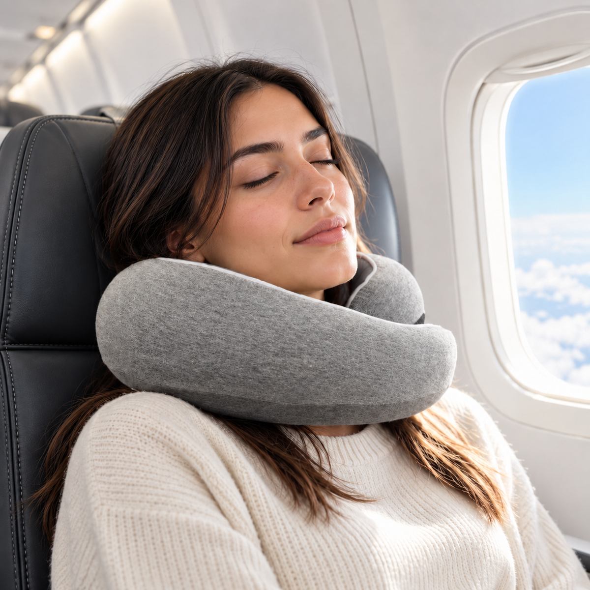 Traveller resting with a grey memory foam neck pillow on a plane
