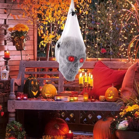 Sound-Activated Luminous Skull & Spider Web – Halloween Hanging Prop