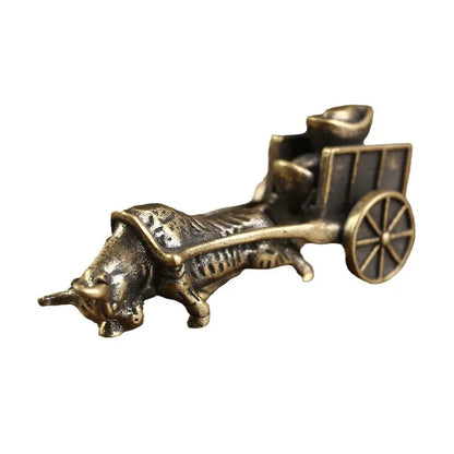 Vintage Copper Bull Cart Figurine – 6.5cm Feng Shui Desk Ornament
