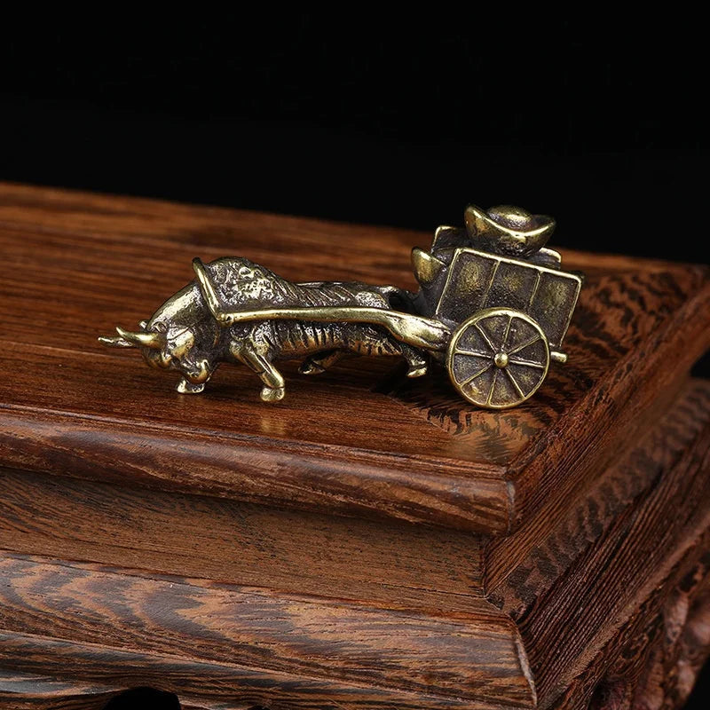 Vintage Copper Bull Cart Figurine – 6.5cm Feng Shui Desk Ornament