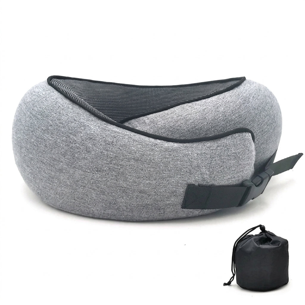 Grey memory foam travel neck pillow with clip buckle and storage bag