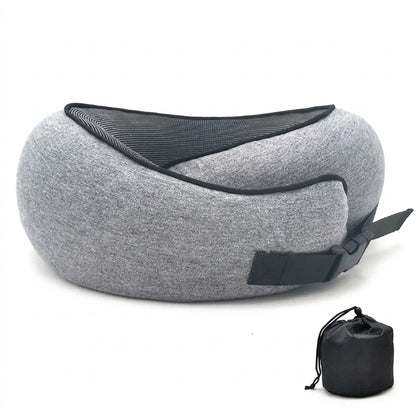 Grey memory foam travel neck pillow with clip buckle and storage bag