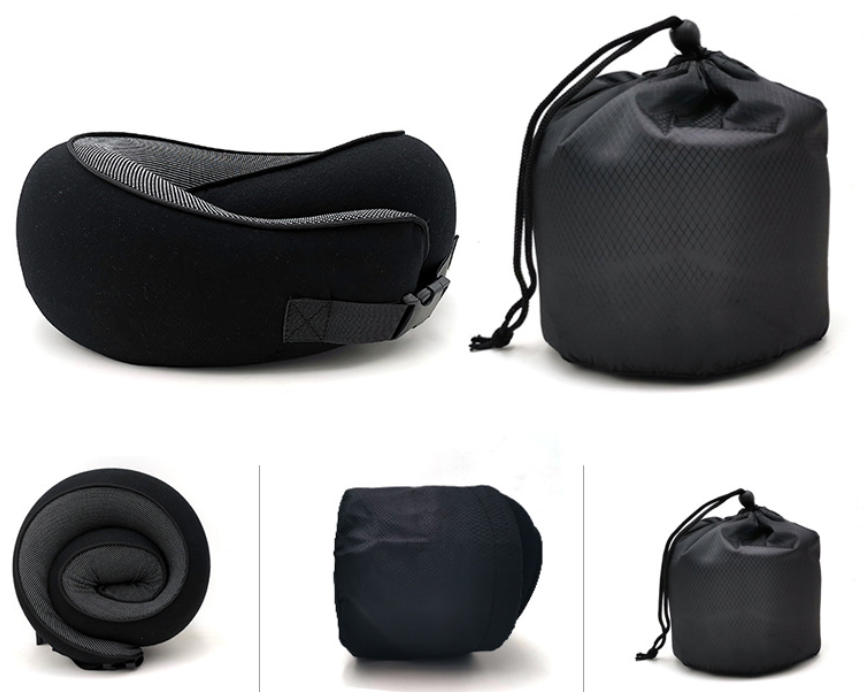 Black travel neck pillow next to its storage bag